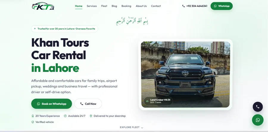 Screenshot of the Khan Tours Car Rental website, built by AiZone
