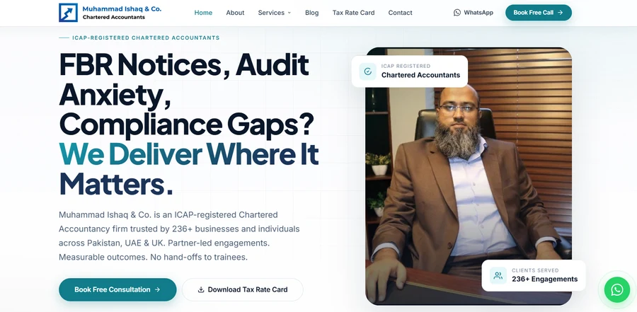 Screenshot of the Muhammad Ishaq & Co. Chartered Accountants website, built by AiZone