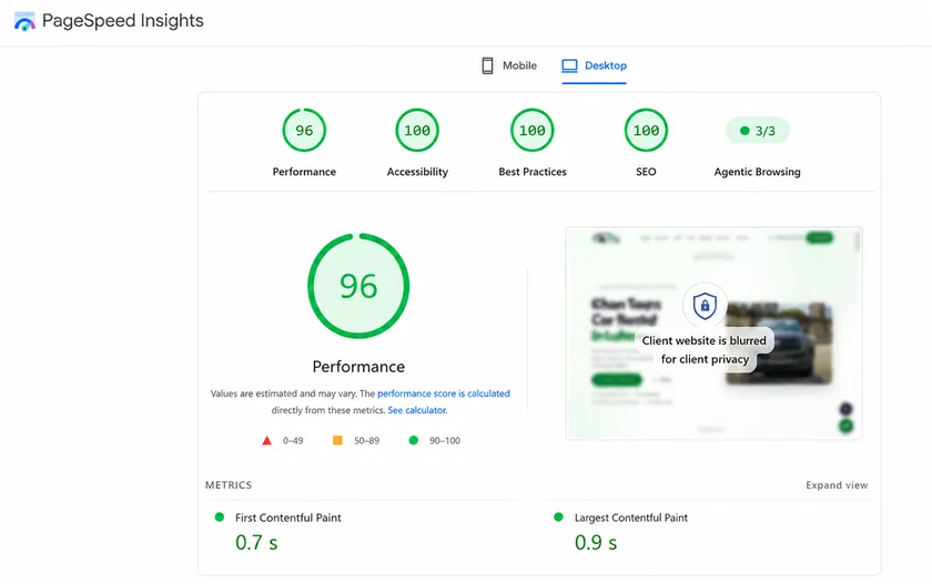 Khan Tours car rental site: 96 Performance, 100 Accessibility, 100 Best Practices, 100 SEO (Desktop).