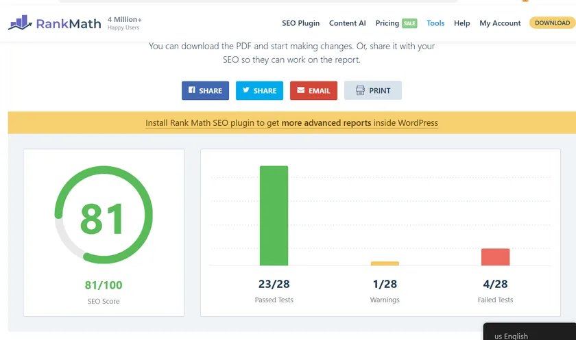 RankMath audit on a live client site: 81/100 SEO score, 23 of 28 checks passed.
